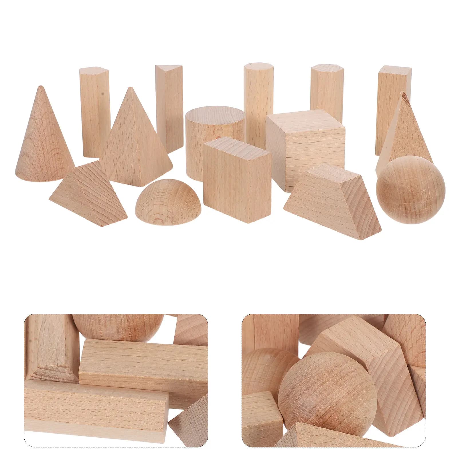 Set di 15 Blocchi Geometrici in Legno di Faggio Naturale per Bambini, Gioco Educativo Montessori per Ordinare e Impilare, Educazione Matematica Prescolare