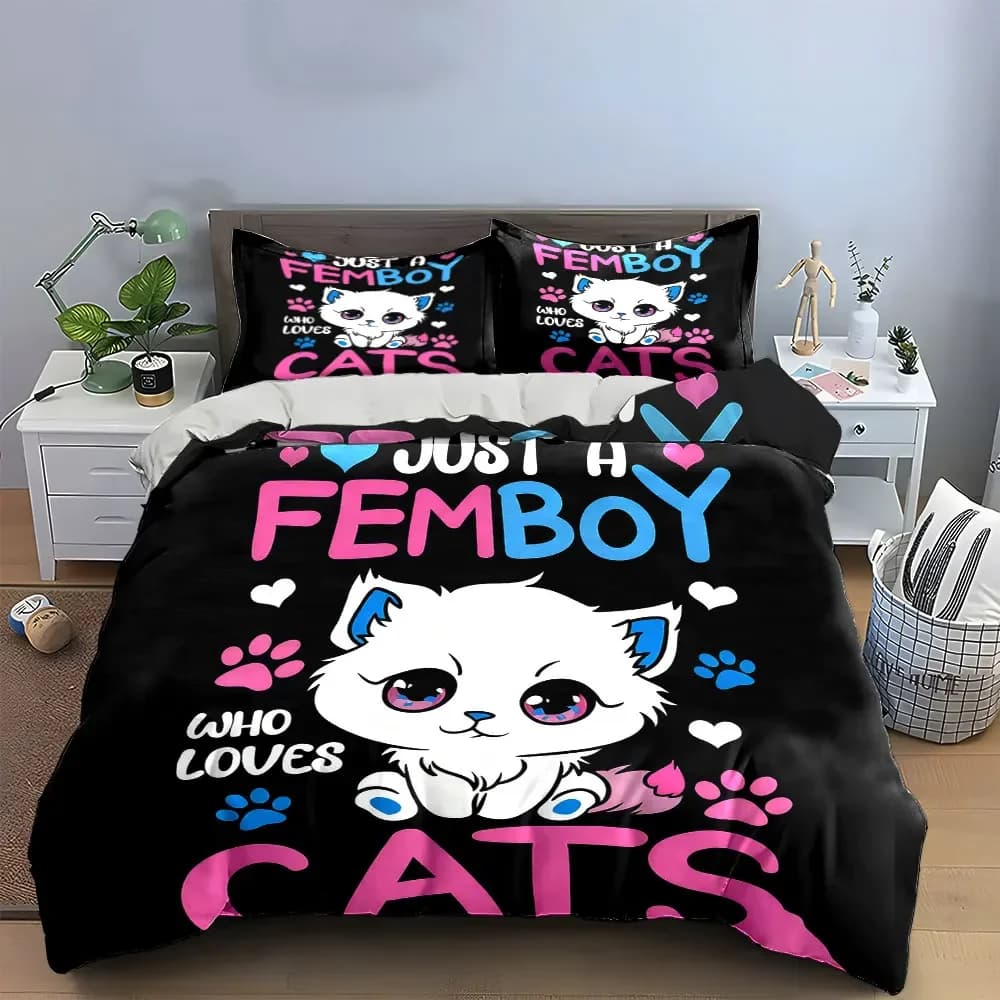 Set regalo per amanti dei gatti Femboy, set di biancheria da letto con copripiumino morbido e confortevole, include 1 copripiumino e 2 federe, regalo