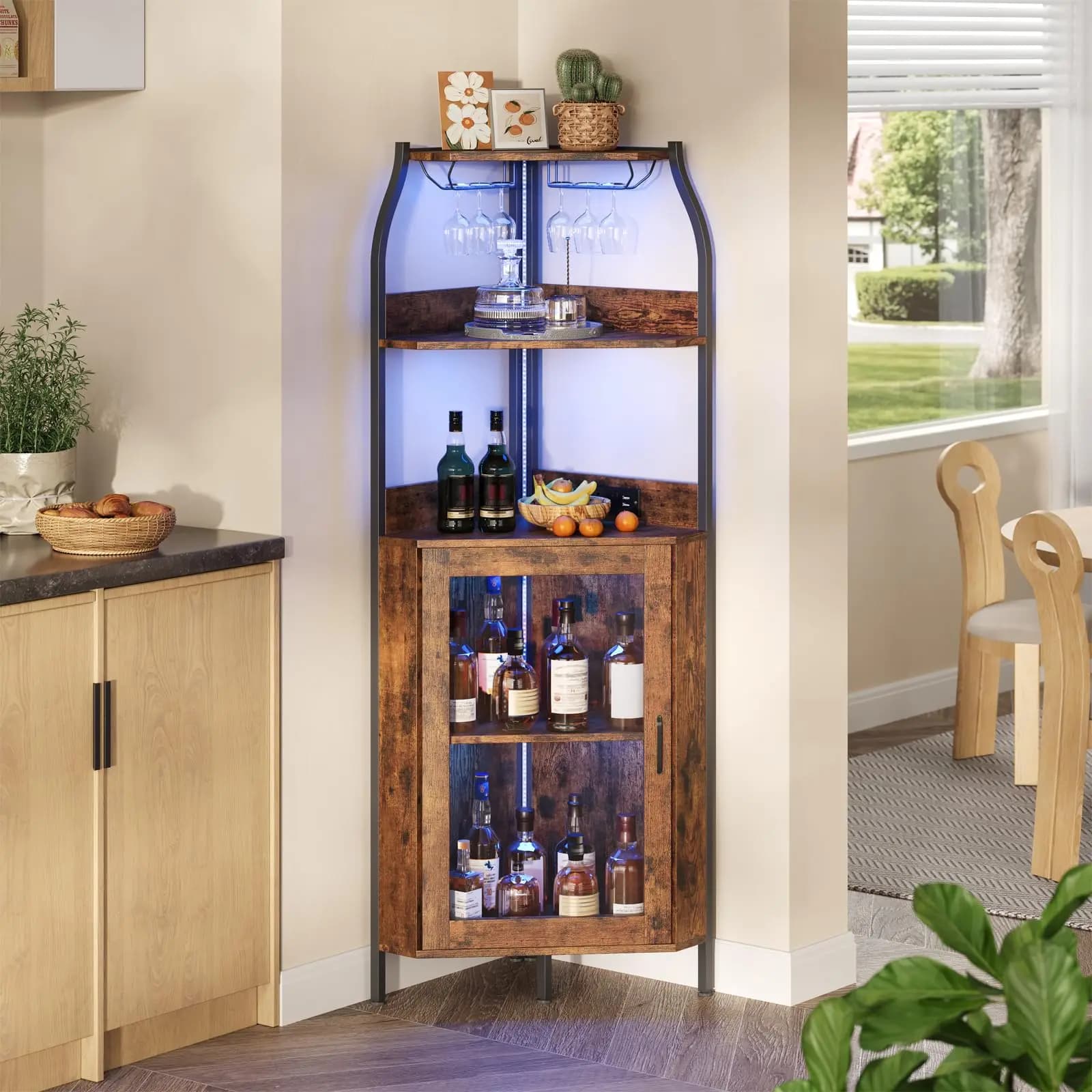 Corner Bar Cabinet With Power Outlet And LED Lights, 5 Tier Industrial Wine Rack, Glass Holder Liquor Storage Display For Small Spaces