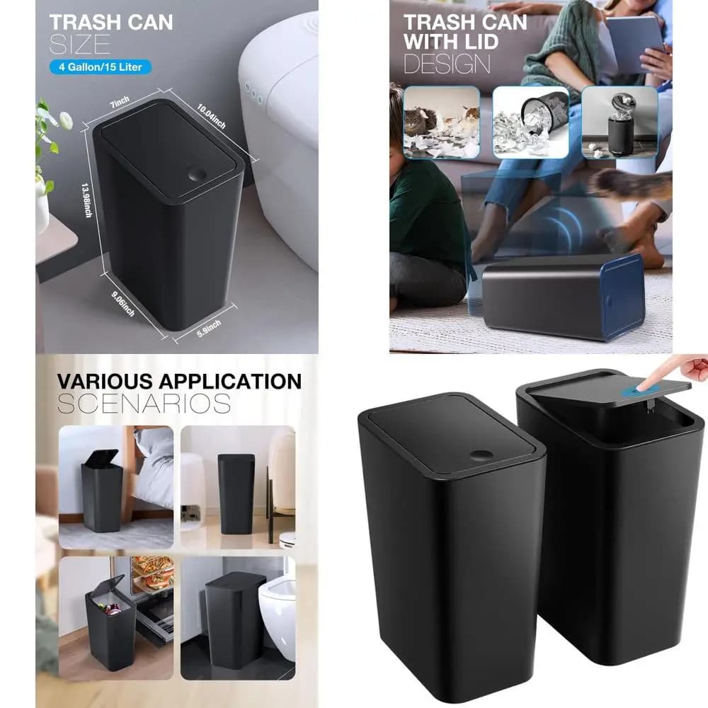 Confezione da 2 bidoni della spazzatura con coperchio pop-up da 4 galloni, cestini per rifiuti dal design sottile per casa e ufficio (nero)