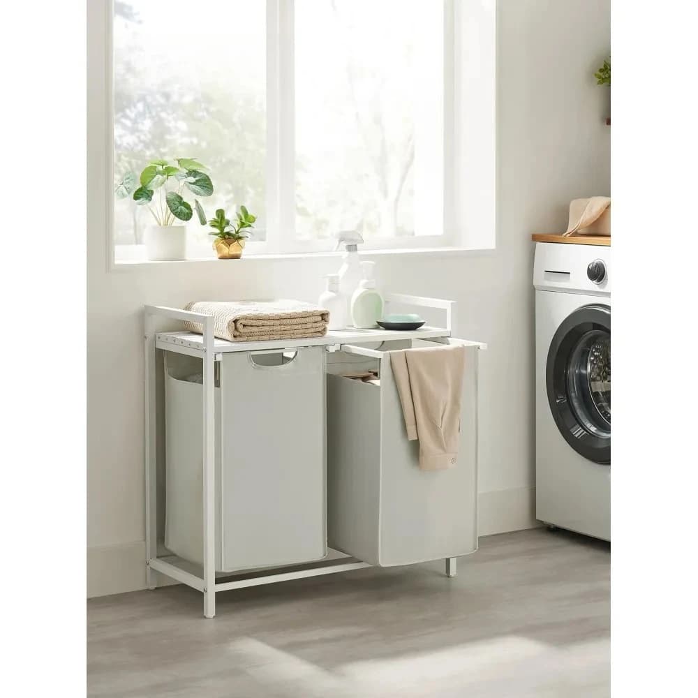 Cesto portabiancheria con 2 sacchi estraibili rimovibili, ripiano e struttura in metallo, 46L (2x12,1 galloni), 28,8 pollici