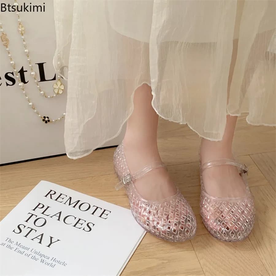 Transparent Crystal Sandals New Women's Summer Jelly Shoes Hollow Soft Sole Fashionable Versatile Outer Wear Cool Slippers Femme