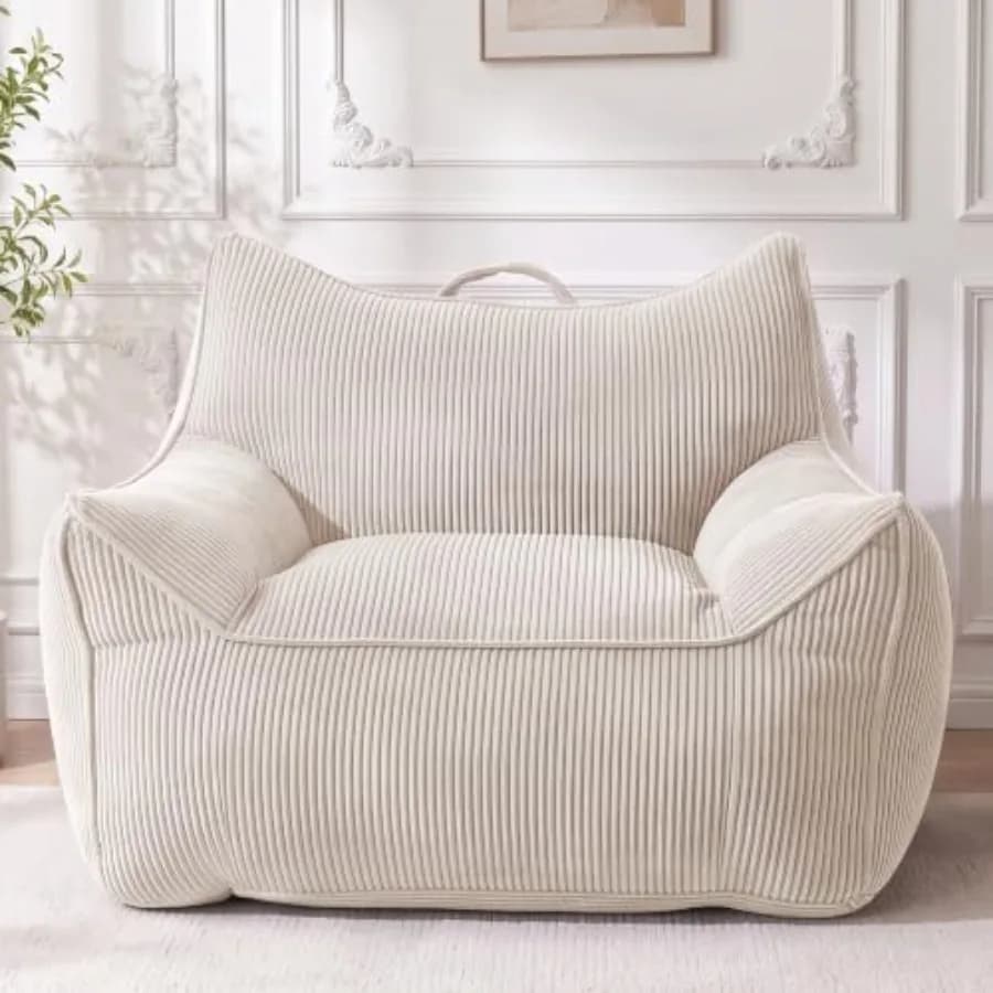 Oversized bean bag chair for living room, bedroom, dorm: corduroy fabric, gray, extra-fluffy with armrests and back support