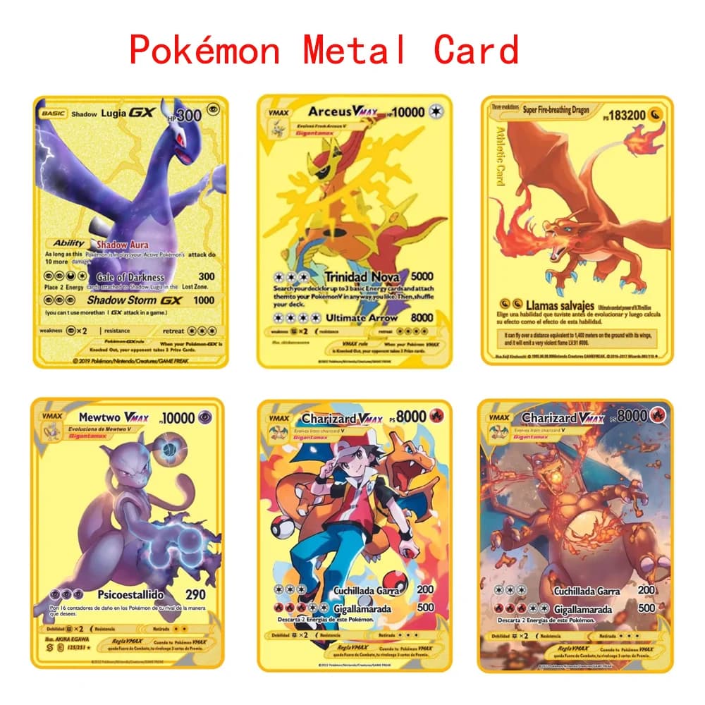 Carte da Collezione Pokémon Dorate in Metallo, Personaggi Anime, Charizard, Blastoise, Mewtwo, Carte da Battaglia, Giocattolo Regalo