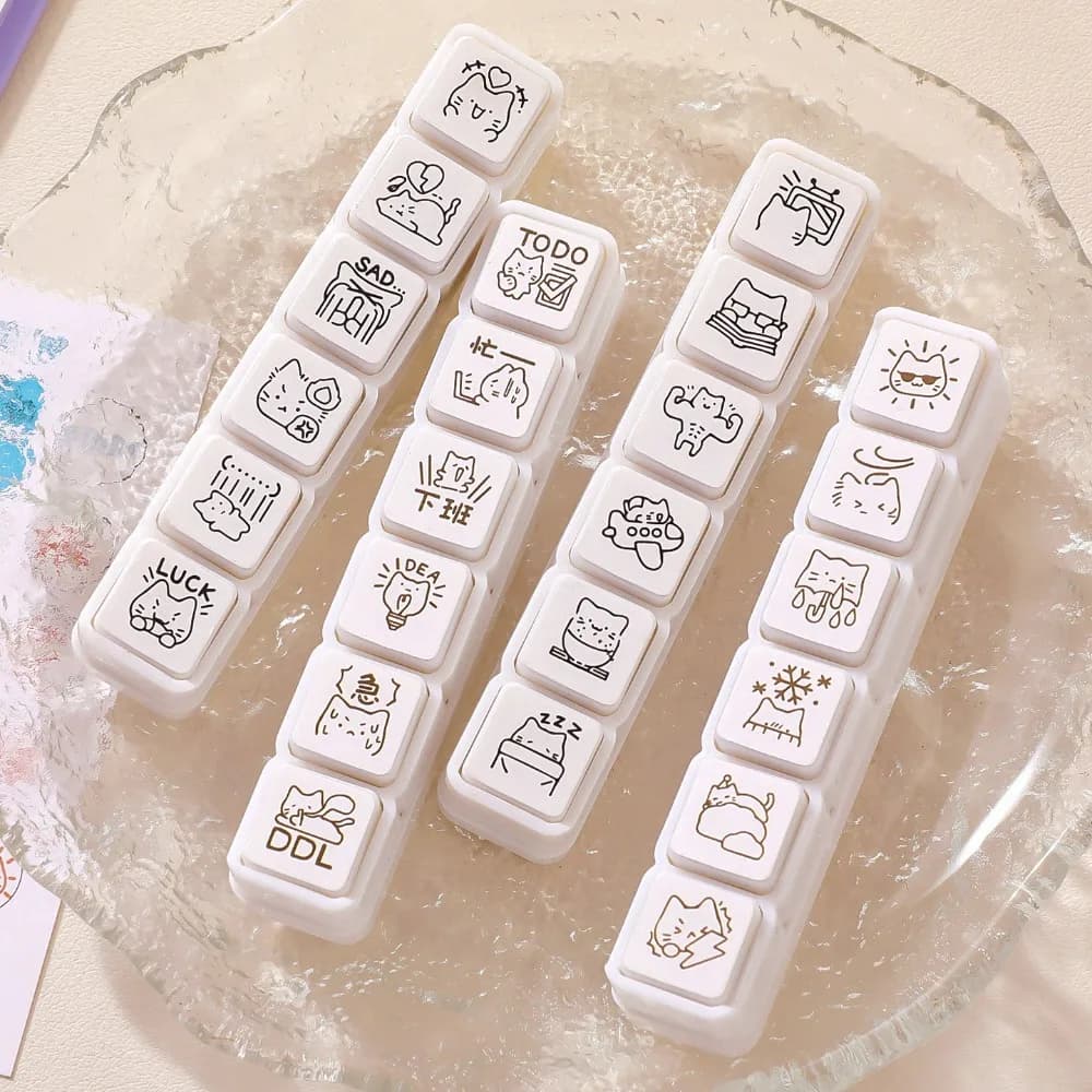 6-in-1 Cute Cat Stamp Set Creative Kawaii Cartoon Journal Material Basic Impression Rubber Stamps for Scrapbook Decoration