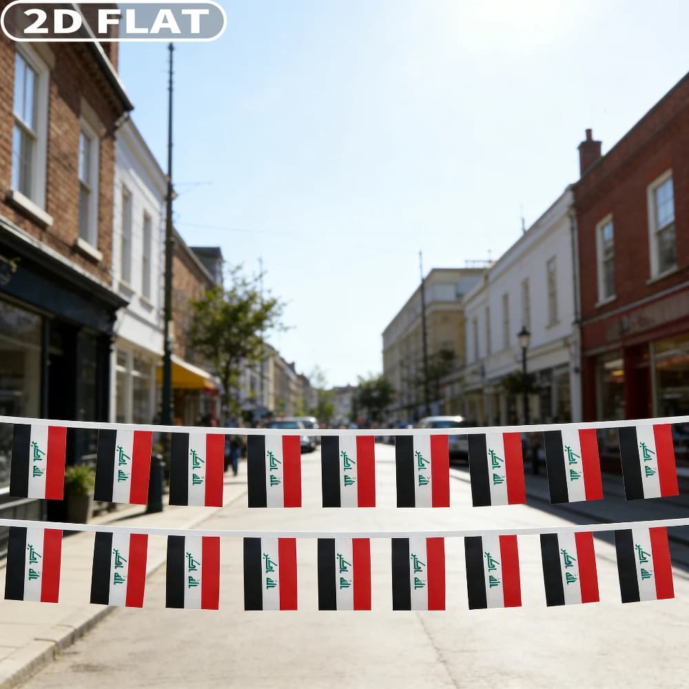 2D FLAT 18pcs Iraq Bunting Banner 14x21cm - Traditional Red, Black, White Iraqi National Flag Colors with Emblem Pattern