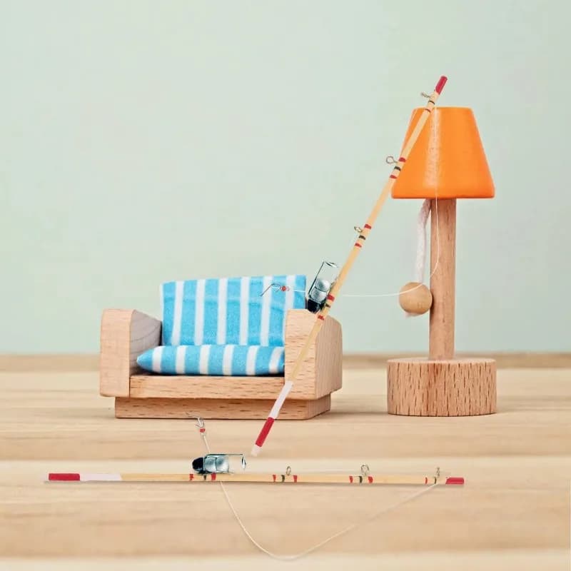 Set di 3 Mini Canne da Pesca in Legno, Modello Artigianale in Miniatura per Decorazione Casa