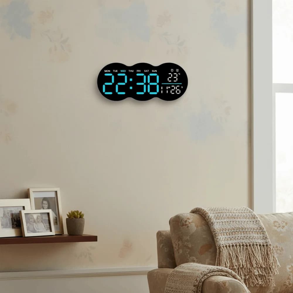 Multifunctional digital wall clock with ambient LED light, remote control, electronic wall clock, date display, week, large display