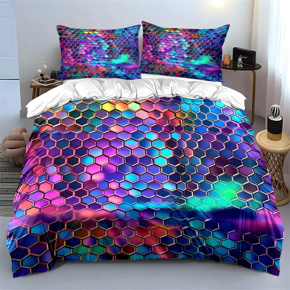 Set di biancheria da letto iridescente a nido d'ape da 3 pezzi, copripiumino con stampa esagonale sfumata arcobaleno, 2 federe, singolo, matrimoniale, king, queen, regalo