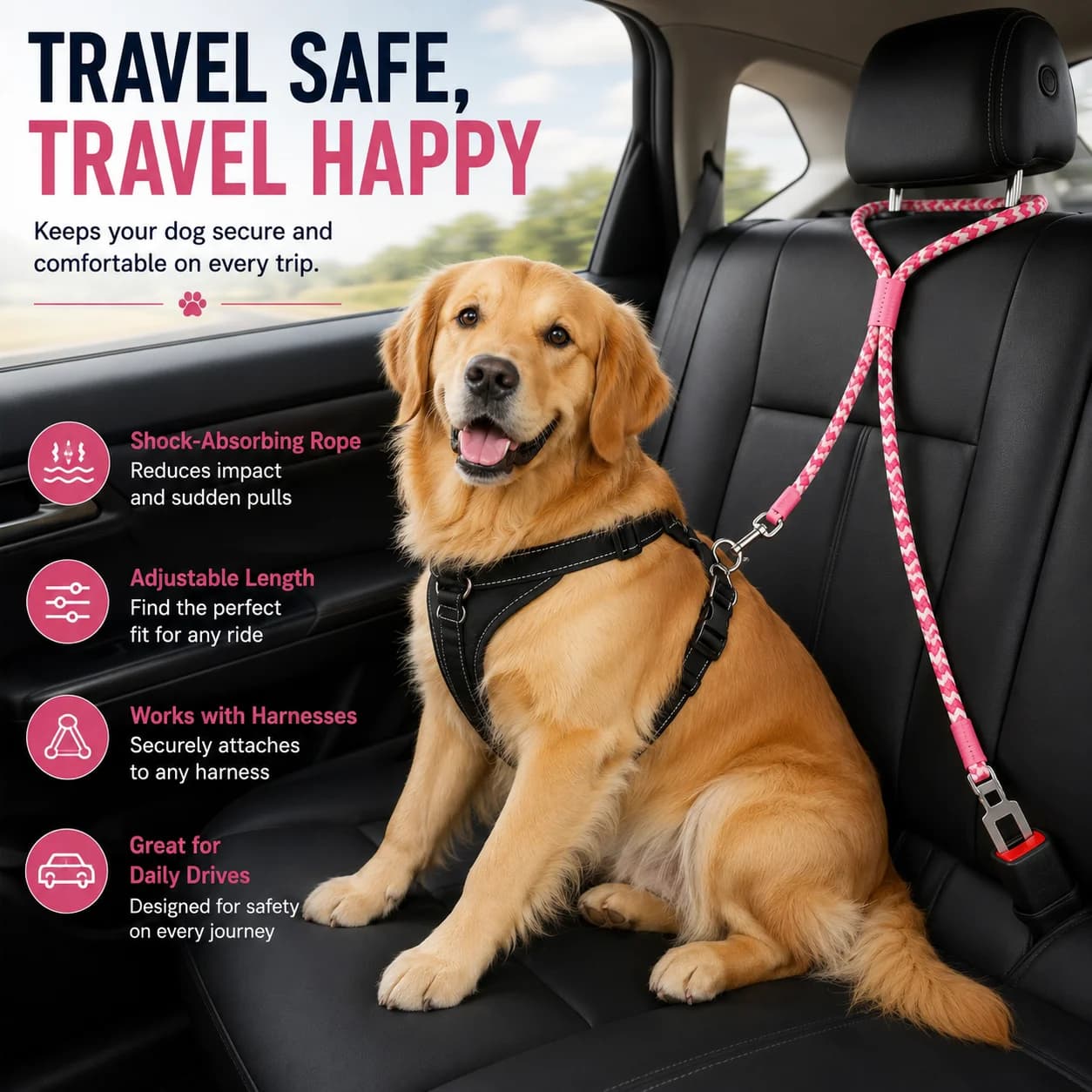 Dog Car Seat Belt, Adjustable Shock-Absorbing Braided Rope Safety Tether with 360° Swivel Clip for Harness, Travel Restraint
