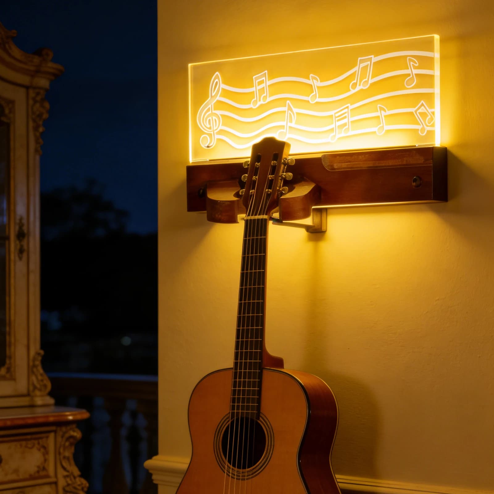 Supporto per Chitarre Acustiche LED con Ripiano e Portaplettro, Espositore per Strumenti a Corda, Regalo per Amanti della Musica
