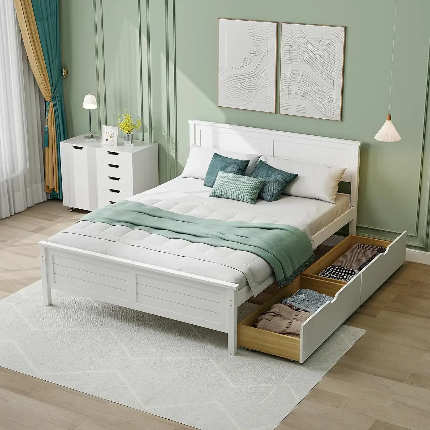 Wood Full Size Bed Frame with 2 Storage Drawers, Solid Wood Platform Bed with Headboard, Wooden Slats Mattress Foundation, No