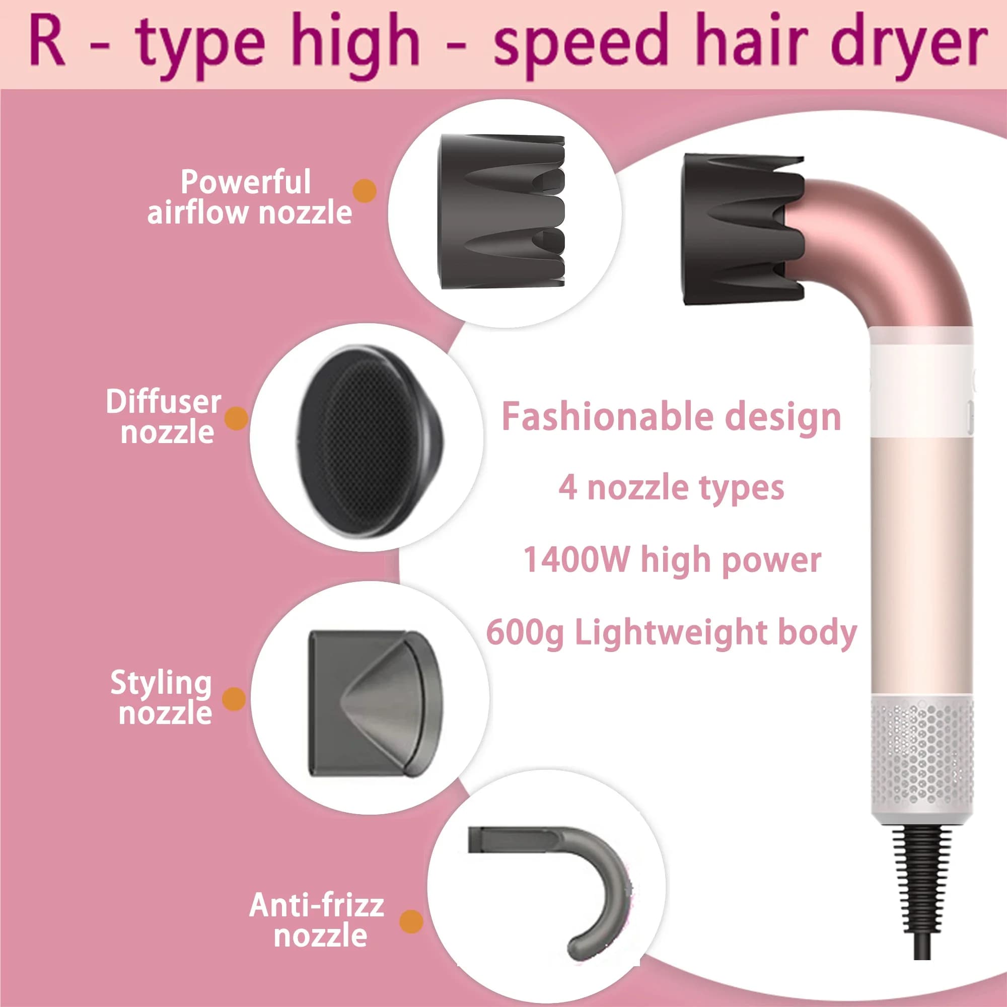 Hair dryer, power 1400 W, quick drying, light body, low noise, comes with multiple types of air nozzles.