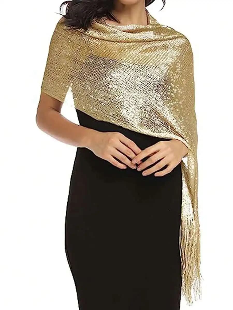 1pc Shiny Gold Thread Flat Scarf With Buckle, Perfect For Brides, Proms, Graduation Parties As Shawl Or Wrap Party