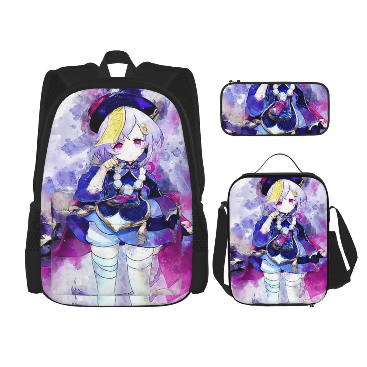 Genshin Impact - Zaini Qiqi Ragazzi Ragazze Bookbag Borse da scuola per bambini Zaino per bambini Borsa per il pranzo Borsa per penne Set di tre pezzi