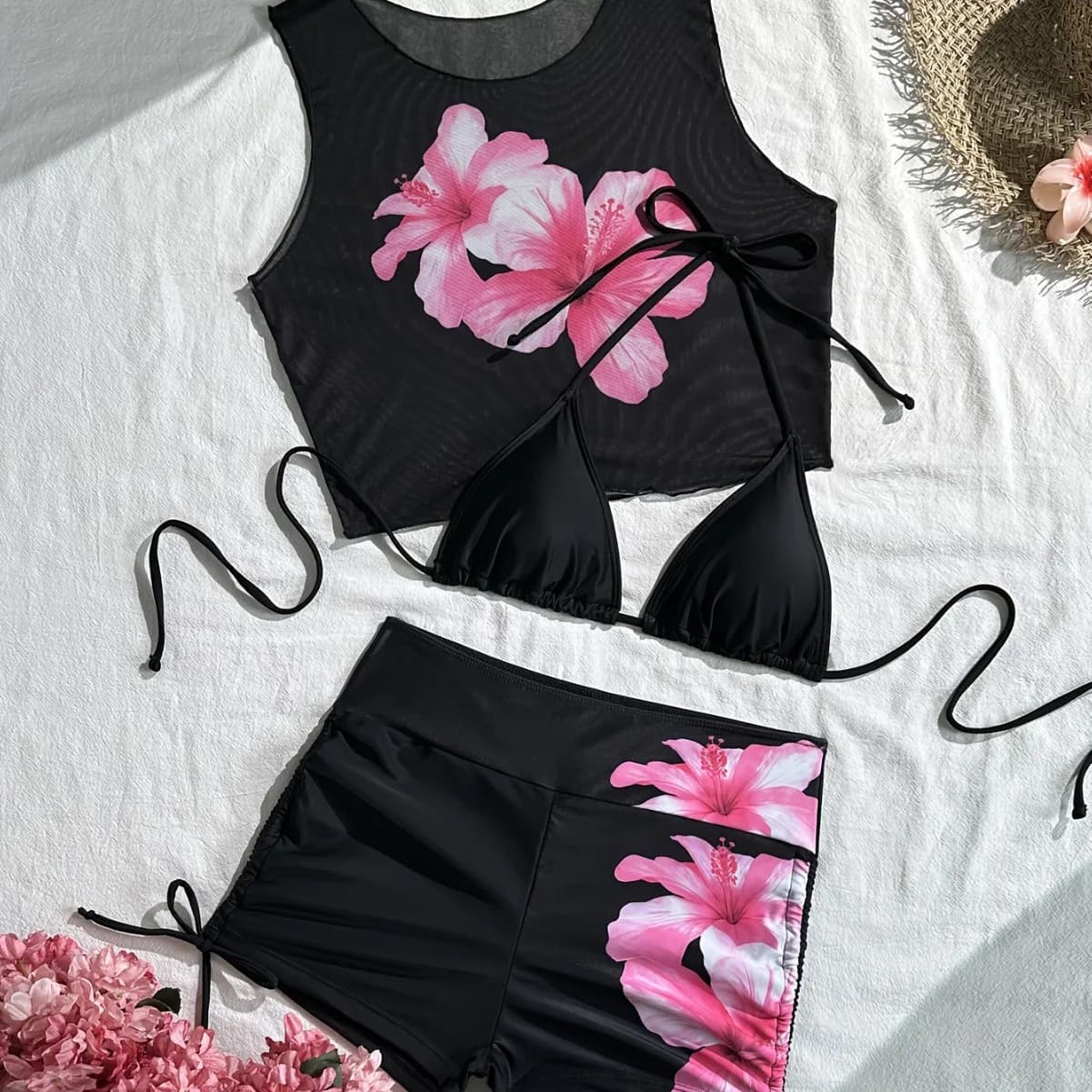 Set bikini da donna in 3 pezzi con stampa ibisco, top in rete e slip a triangolo con laccetti, costume da bagno da spiaggia