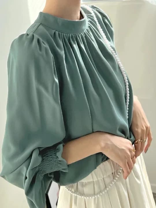 Maglia Primaverile Dongdaemun a Collo Tondo, Elegante e Femminile, Maniche Lunghe a Sbuffo, in Chiffon, Protezione Solare, in Fibra di Poliestere
