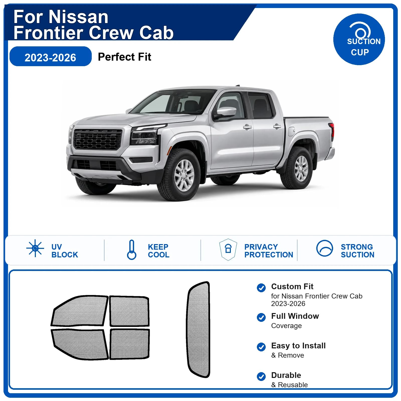 For Nissan Frontier Crew Cab 2023-2026 Custom Full Set Windshield Sun Shade Aluminum Foil Heat Insulation Anti UV Foldable