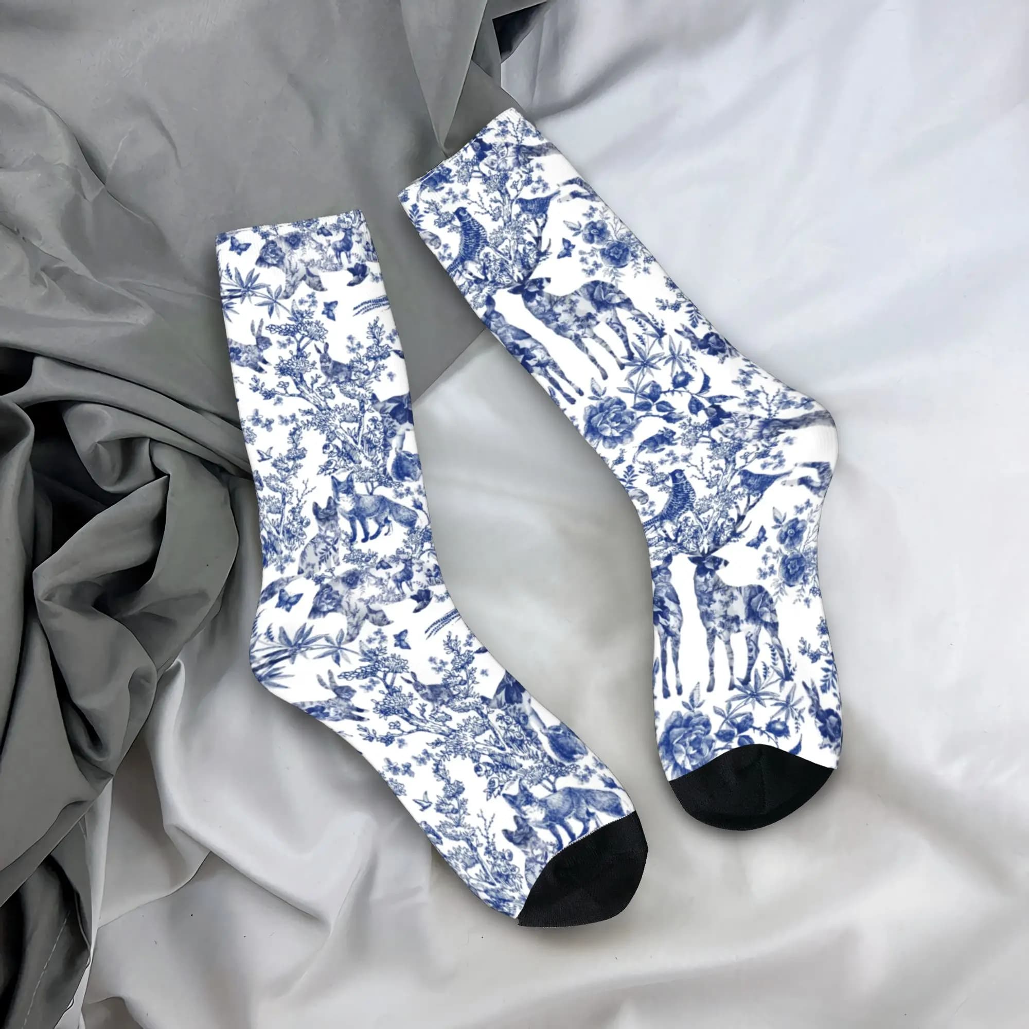 Calzini personalizzati vintage in stile Toile de Jouy francese, unisex, divertenti, con stampa 3D floreale e animalier, motivo foresta indaco, calzini eleganti.
