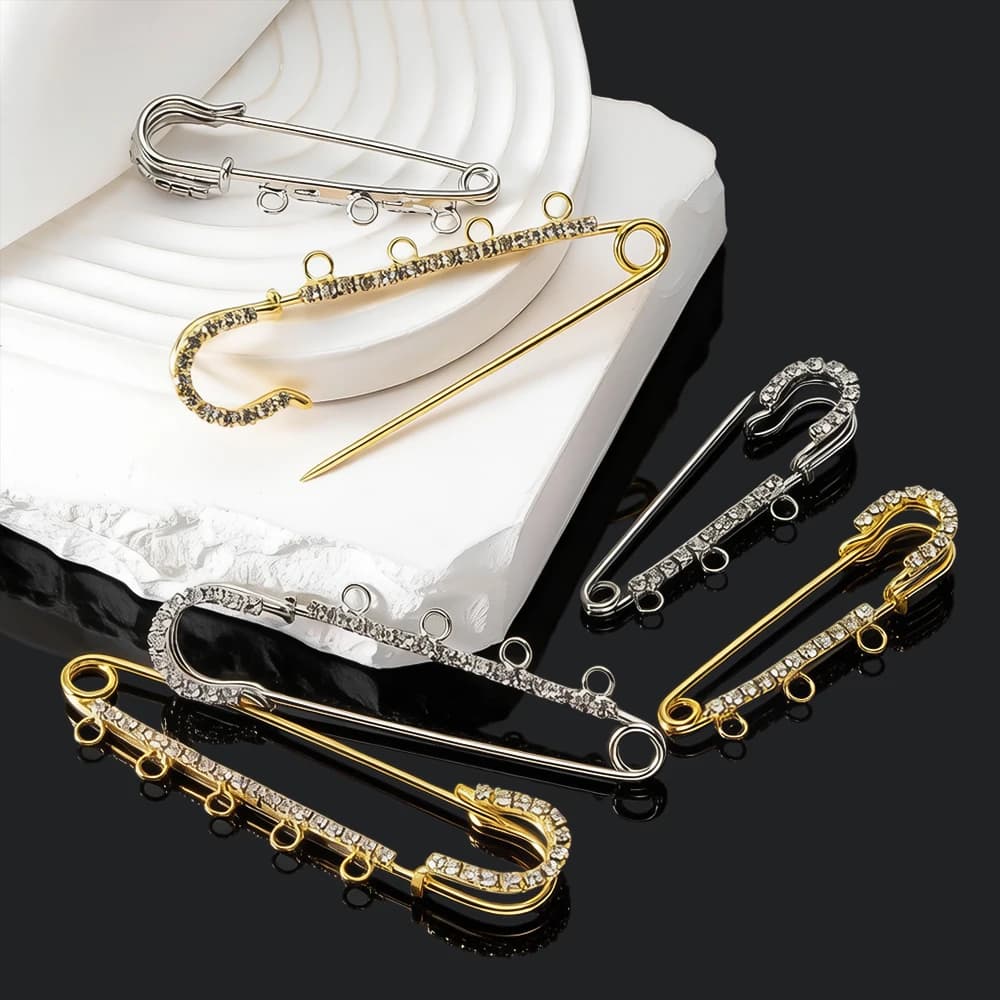 5pcs Rhinestone Large Safety Pins Brooches Blank Base With 3/4/5 Loops For Handmade Jewelry Making Supplies Accessories Findings