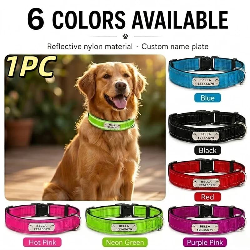 1‑pack personalized dog collar with custom engraved nameplate, reflective adjustable pet collar for small, medium and large dogs