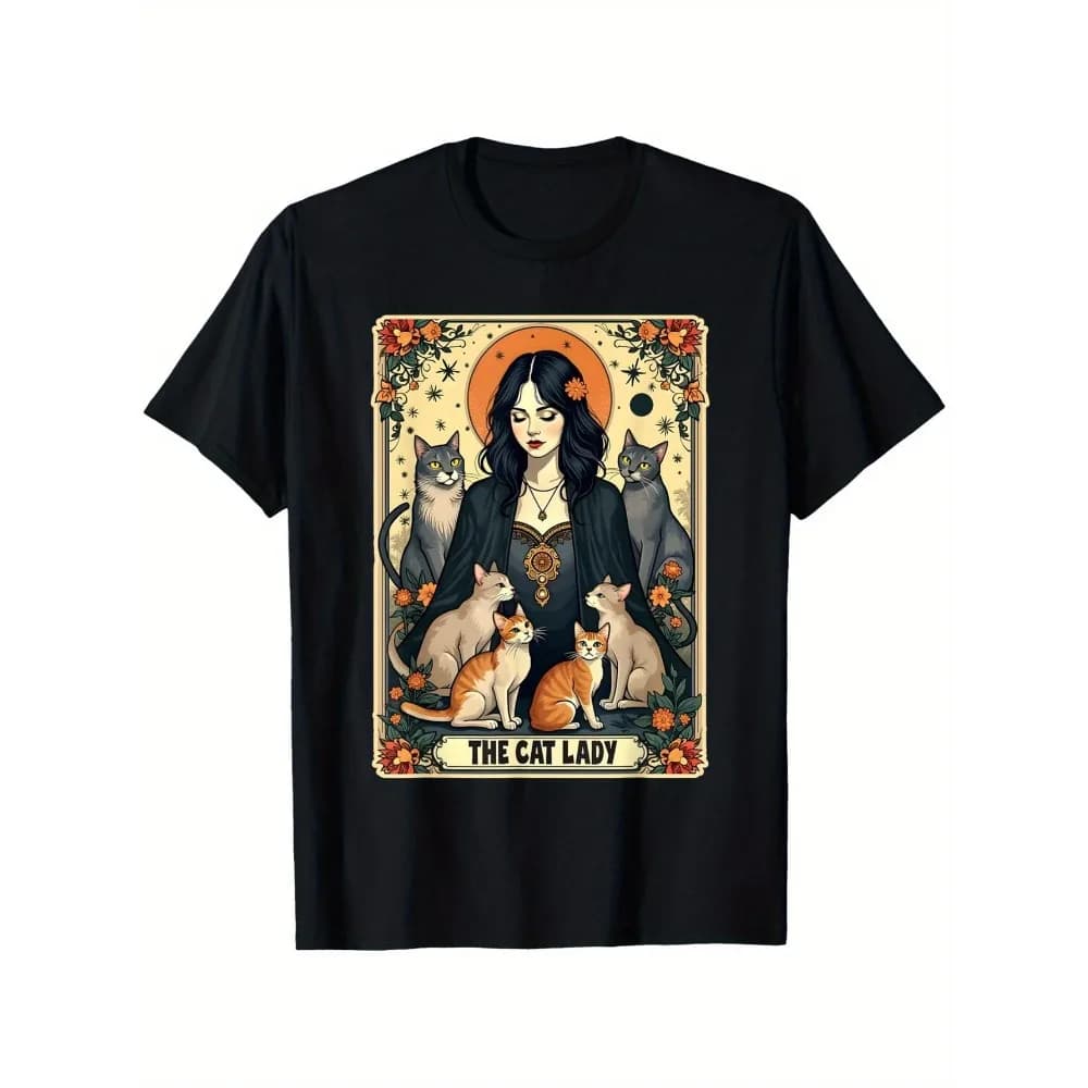 Maglietta The Cat Lady Tarot Card da donna, maglietta da donna Witchy Gothic Cat Mom, maglietta unisex in cotone casual con scollo rotondo e maniche corte per esterni