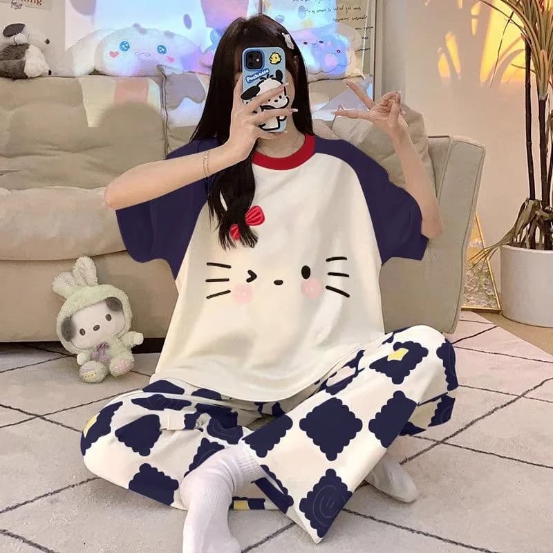 Pigiama Hello Kitty da donna, estivo, a maniche corte, pantaloni larghi, stile cartoon, casual, per studentesse, indossabile anche fuori casa.