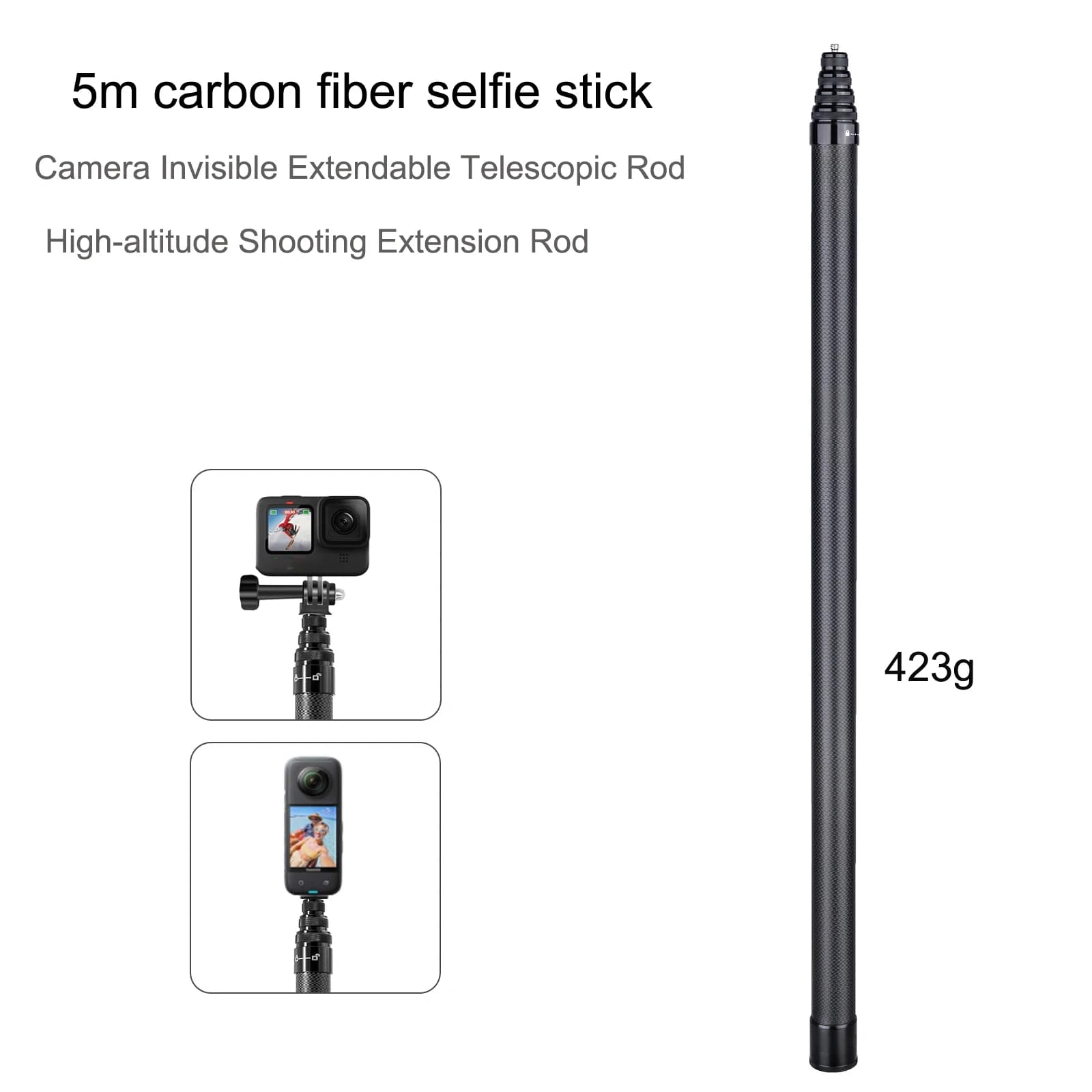 5M Carbon Fiber Invisible Selfie Stick, 1/4" Screw Telescopic Extension Pole for Insta360 X5X4, DJI Action, GoPro