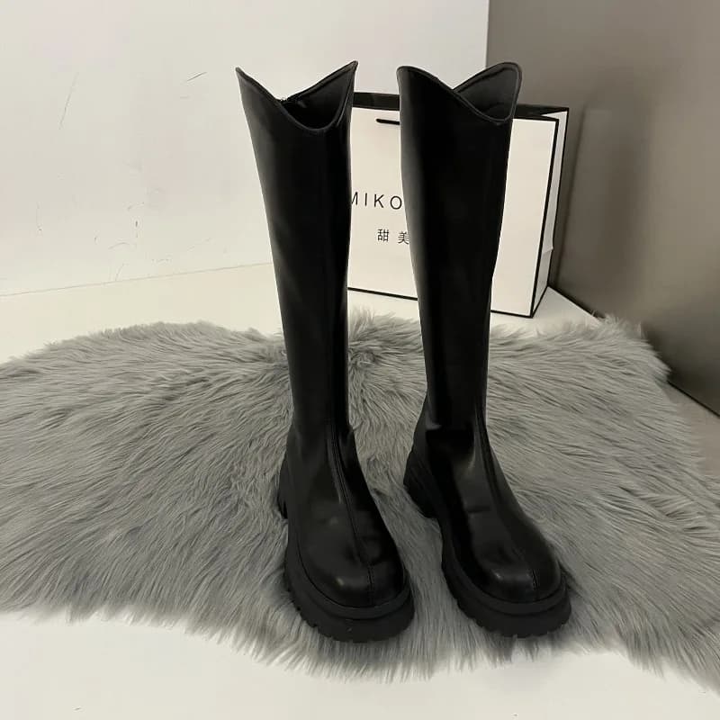 Retro Bare Colored Boots Women Knee High Boots Fashion Back Zippers Knight Long Boots Square Heels Autumn Winter Ladies Shoes