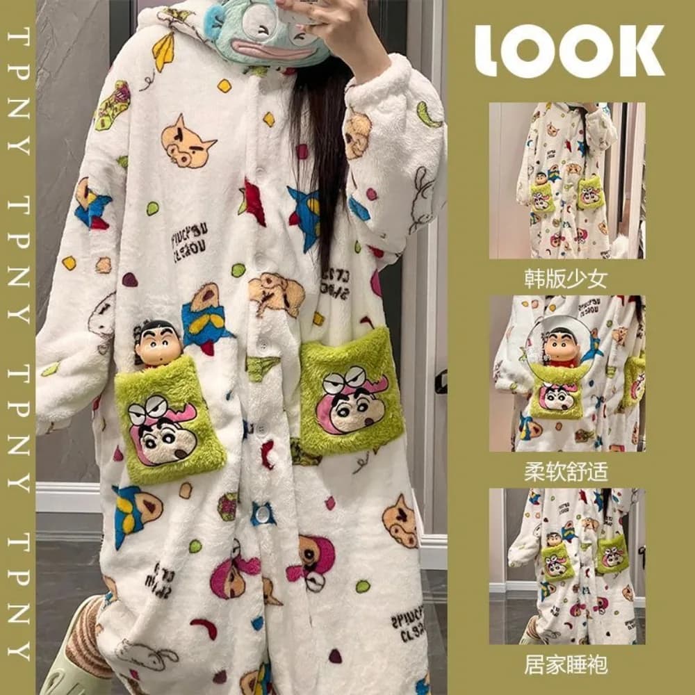 Simpatico Crayon Shin Chan Indumenti da notte in velluto corallo per donna Collezione autunno inverno Felpa con cappuccio calda in velluto spesso Abito medio lungo Regali