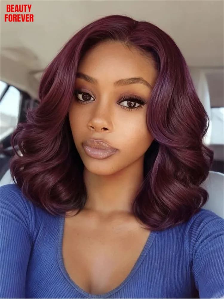 Parrucca Bob senza colla Beautyforever con frangia per tende 7x5 Parrucca per capelli umani color rosso ciliegia nero con coulisse invisibile