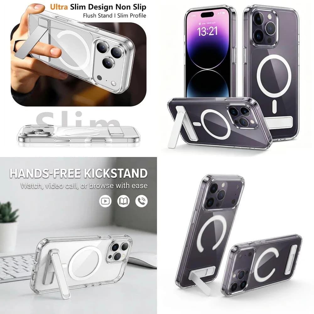 Clear Magnetic Case Foldable Stand Drop Protection HD Transparent for Travel for iPhone 16 17 15 14 Plus 13 mini 12 11 Pro Max