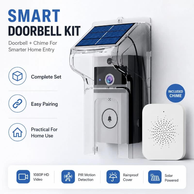 Outdoor Smart Video Doorbell Solar Powered Transparent Rain Cover Night Vision Two‑Way Talk Security Device