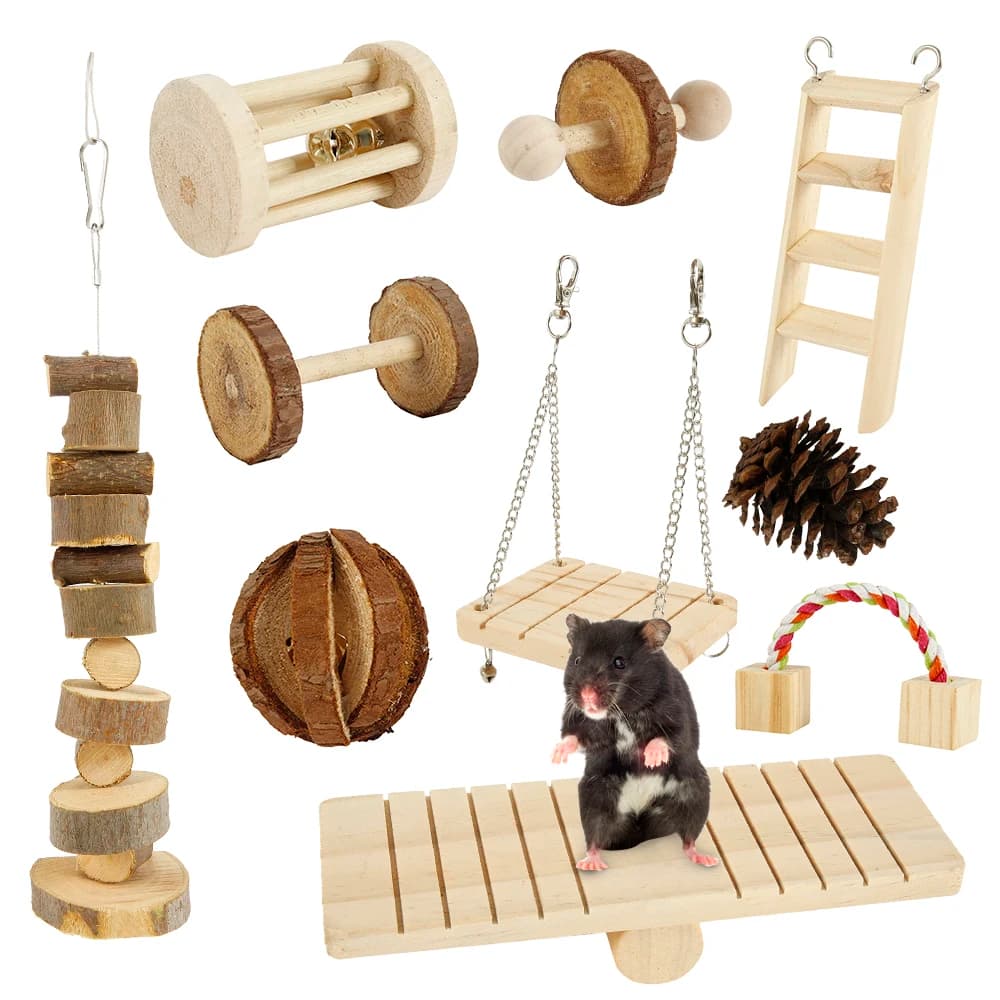 Set di giocattoli per criceti coniglio topo naturale piccolo animale legno cavia giocattoli pulizia dei denti molare macinazione cura giocattolo da masticare