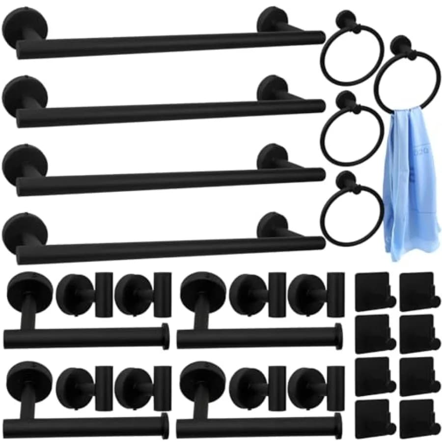Set di 28 Accessori per Bagno in Acciaio Inossidabile, Include Portasciugamani da 16'', Anelli Portasciugamani, Ganci per Accappatoi, Accessori per Toilette
