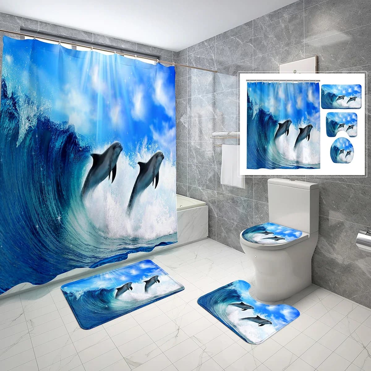 Set di 4 Tende da Doccia con Delfini, Tappetino Antiscivolo, Copriwater e Motivi di Animali Marini Blu