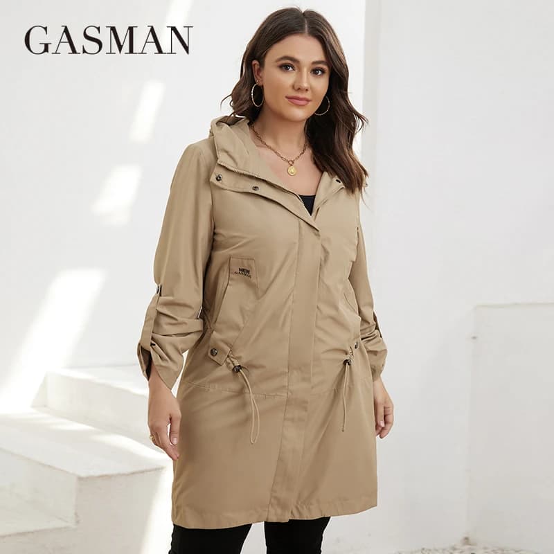 GASMAN autunno Trench Coat Plus Size donna cintura di media lunghezza con cappuccio giacca con cerniera donna tinta unita giacca a vento parka GM-8299