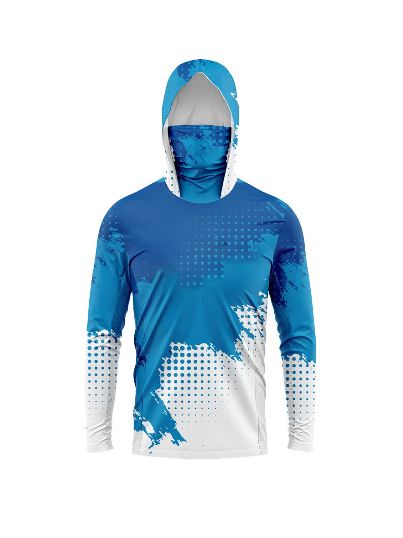 Men UV Protection Angling Hood Top With Neck Gaiter, Blue Gradient Dot Print Quick Dry Outdoor Long Sleeve Fishing Shirt