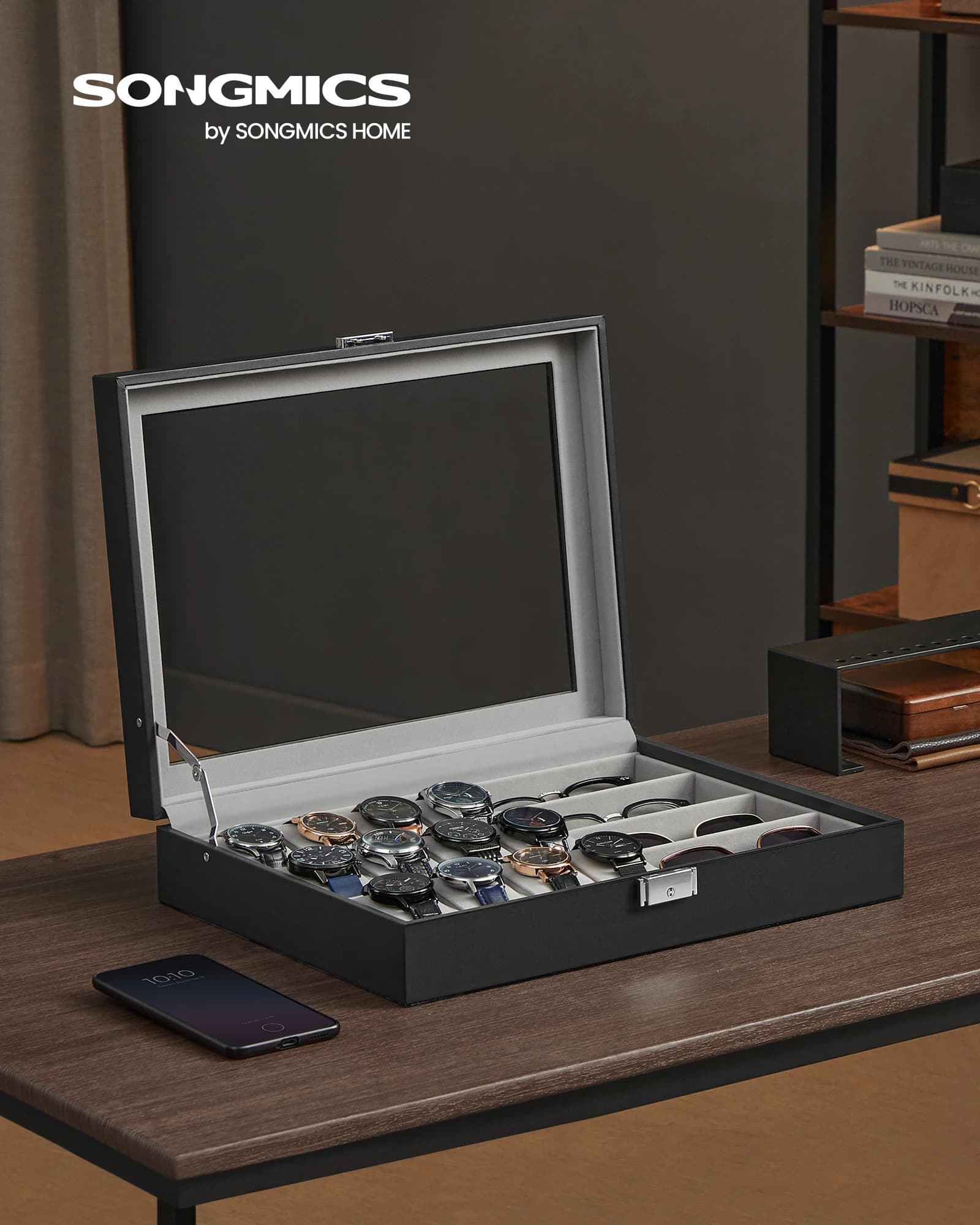 SONGMICS Scatola Porta Orologi a 16 Scomparti, Custodia con Coperchio in Vetro e Chiusura di Sicurezza, Idea Regalo