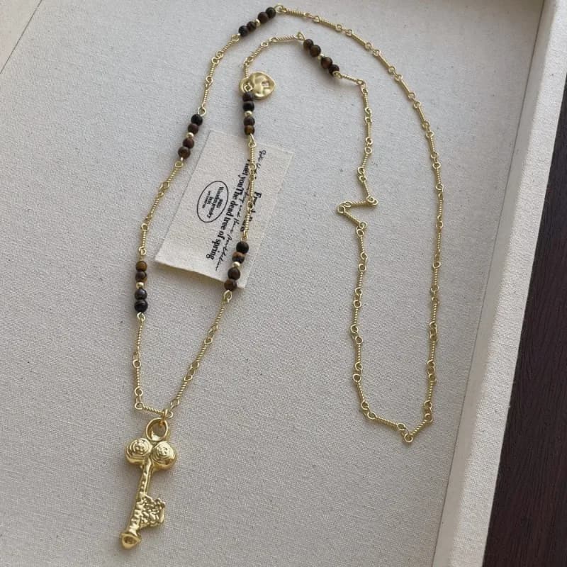 Minar Vintage Natural Stone Tiger Eyes Beads Lock Pendant Necklaces for Women Real Gold Plated Copper Alloy Chain Strand Choker