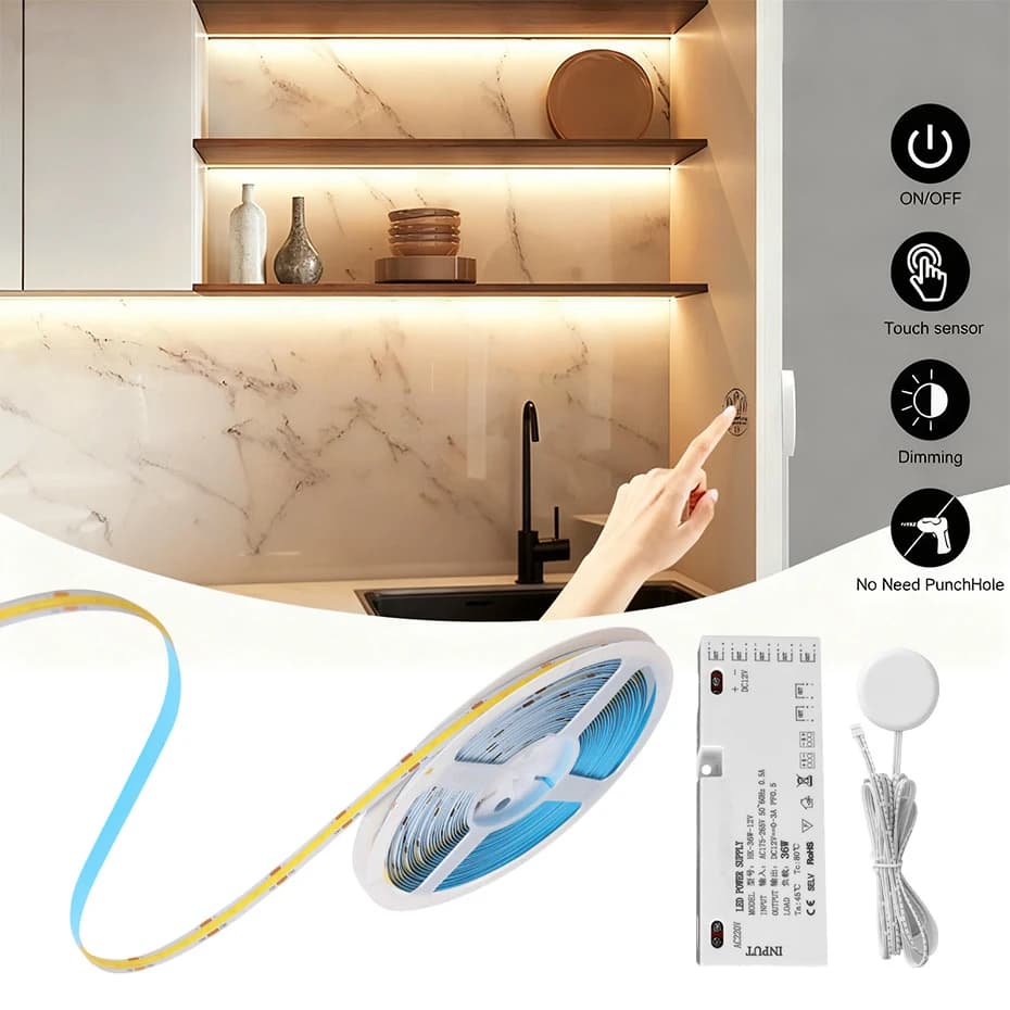 1-5m Dimmable 12V Led COB Strip Cabinet Kitchen Light EU AU US UK Plug Dupont Touch Sensor Switch Led Lighting Lamp For Wardrobe