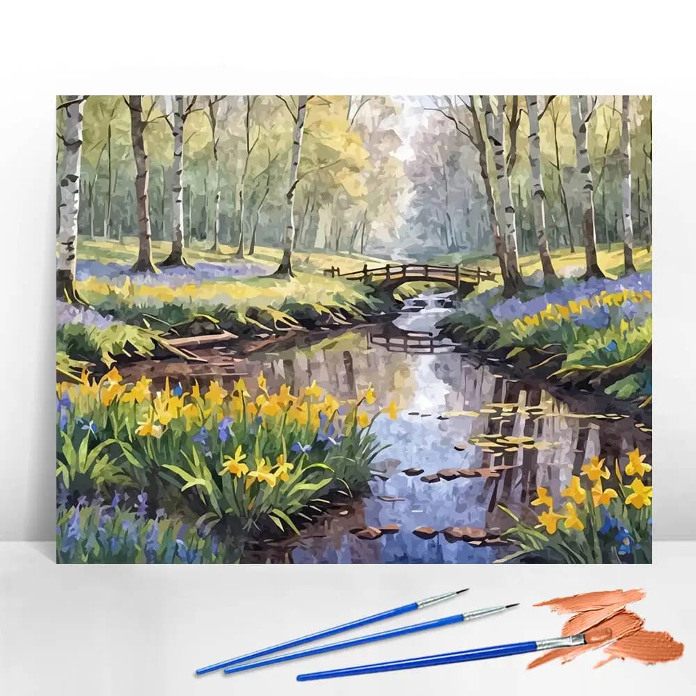 DIY Painting By Numbers Landscape Digital Oil Painting Forest Tree Drawing By Numbers River Bridge Arts And Crafts Home Decor