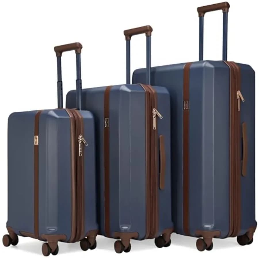 Luxe Journey 3 Pcs Expandable Retro Spinner Luggage Set for travel, polycarbonate, navy blue, scratch-resistant and lightweight