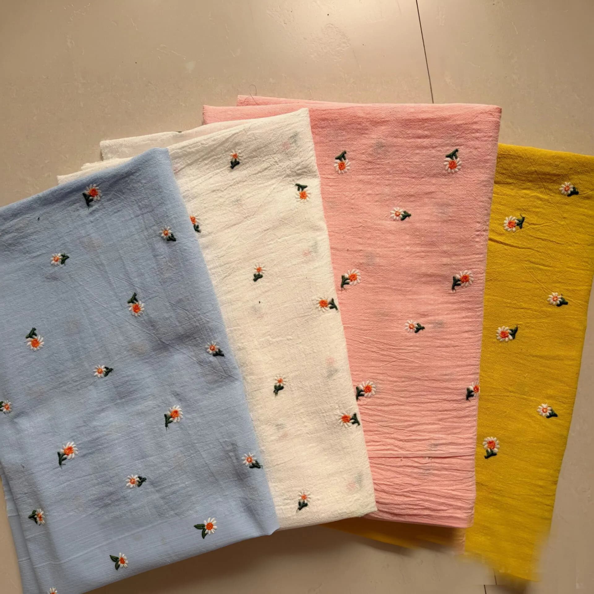 1 Meter/lot 140Cm Wide Light Blue Sunflower Embroidered Cloth for Women Kids Dress Cotton Linen Blend Sewing Fabric