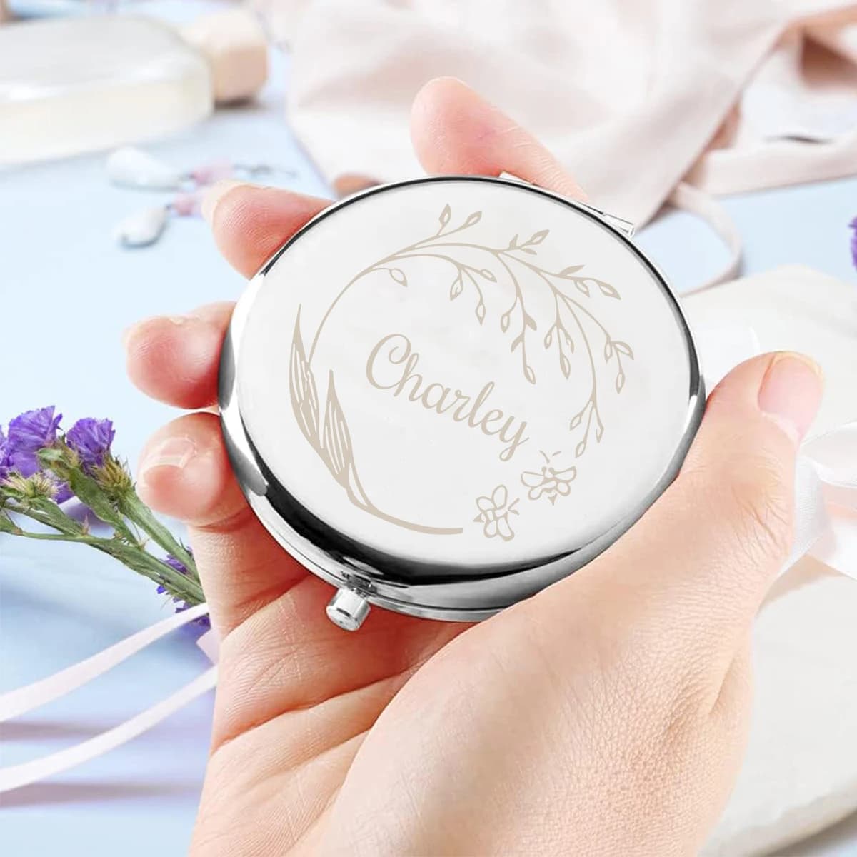 1PC Creative Flower Garland Custom Name Engraving Makeup Mirror Souvenir For Baptism