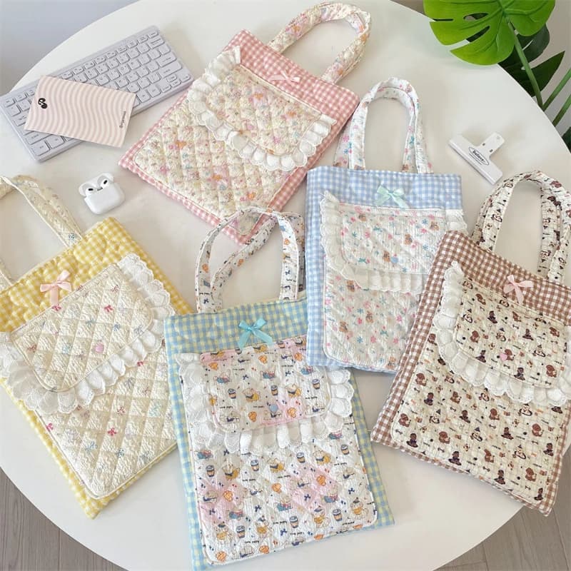 Borsa Trapuntata Rosa a Quadretti Stile Coreano, Custodia Protettiva per Tablet con Bordo in Pizzo per Donne, Elegante Borsa per Laptop