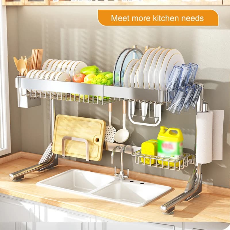 Scaffale per lavello da cucina in acciaio inossidabile Scaffale da tavolo multifunzione per scarico per piatti Scaffale per lavello per uso domestico Supporto per piatto superiore