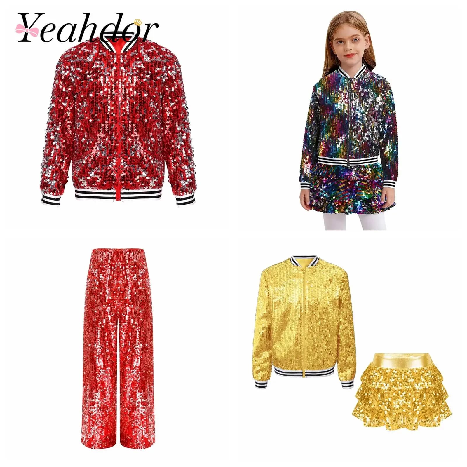 Set di vestiti per ragazze per bambini Costume da ballo jazz scintillante Abiti con paillettes Giacche da baseball Capispalla Culotte con gonna arricciata a strati