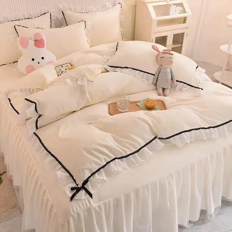 Korean Princess Style Bed Four-Piece Set Bow Lace Bed Skirt Sheet Fairy Quilt Cover Dormitory