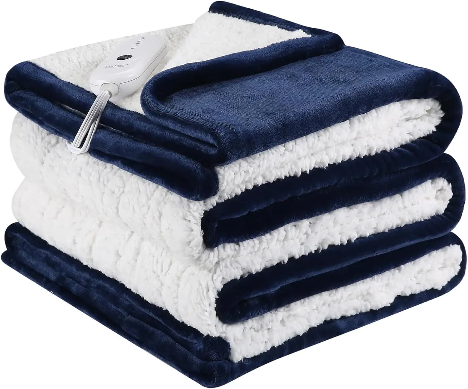 Coperta Riscaldata Singola con 5 Livelli di Calore, Spegnimento Automatico, Morbida in Sherpa, Lavabile in Lavatrice, Blu Navy